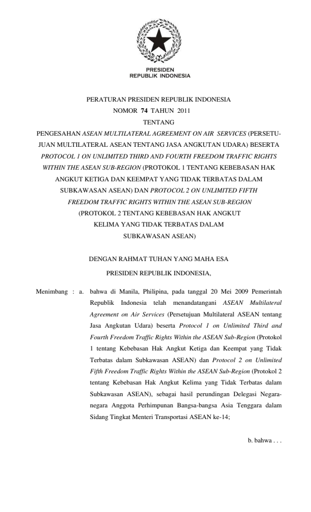 Peraturan Presiden Nomor 74 Tahun 2011