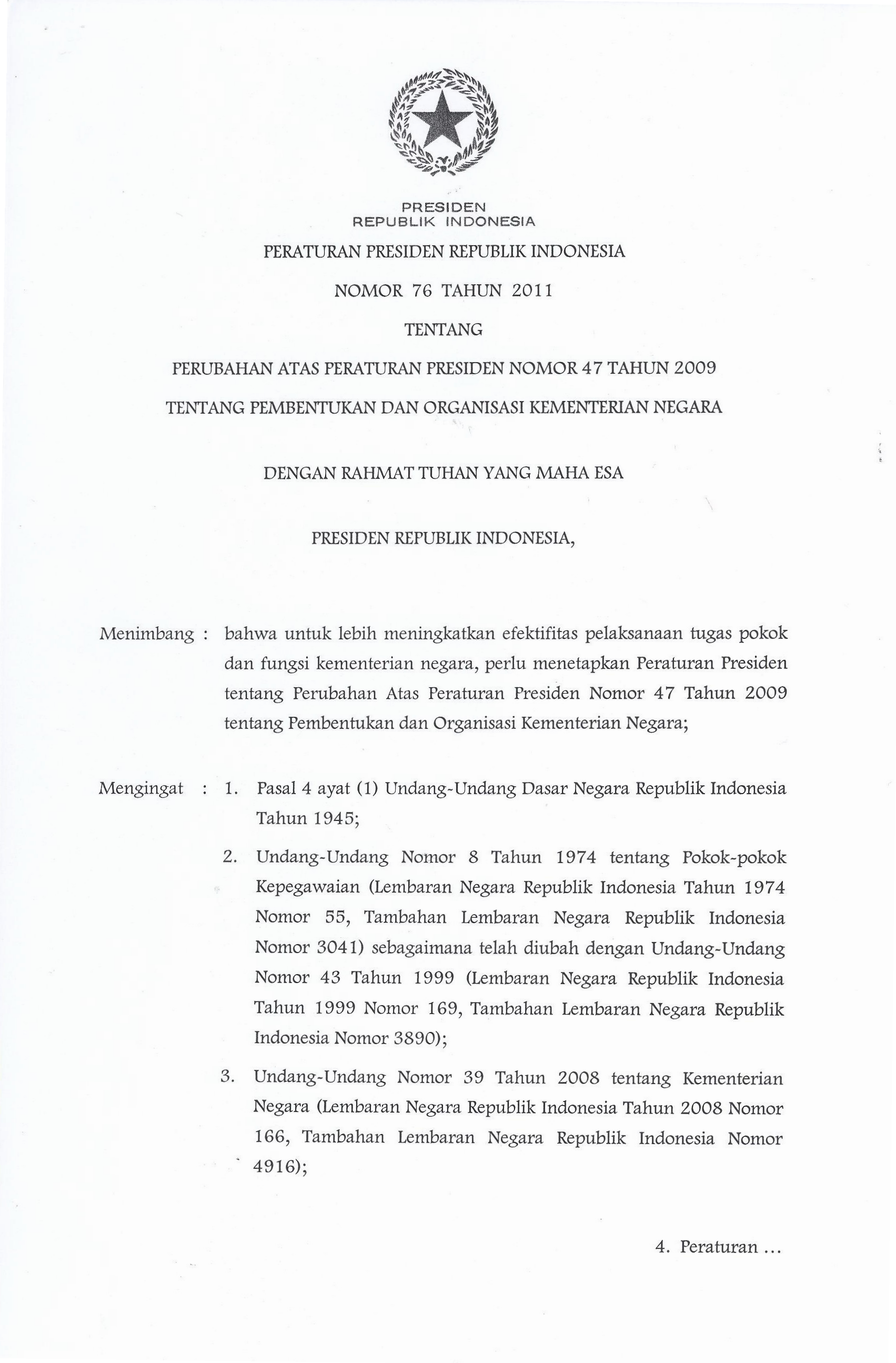 Peraturan Presiden Nomor 76 Tahun 2011