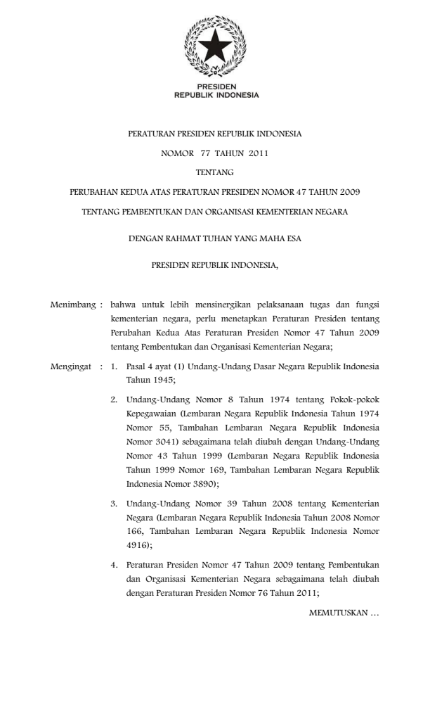 Peraturan Presiden Nomor 77 Tahun 2011