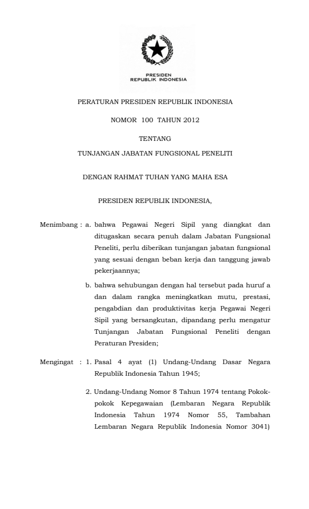 Peraturan Presiden Nomor 100 Tahun 2012