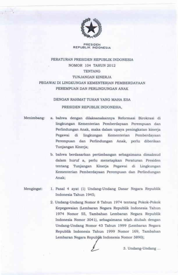 Peraturan Presiden Nomor 104 Tahun 2012