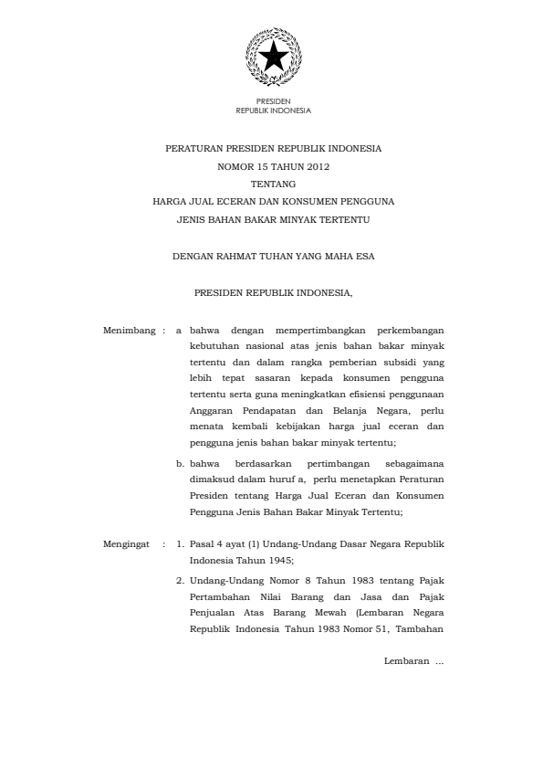 Peraturan Presiden Nomor 15 Tahun 2012