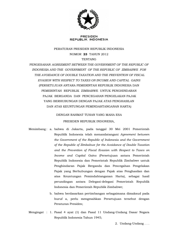 Peraturan Presiden Nomor 23 Tahun 2012