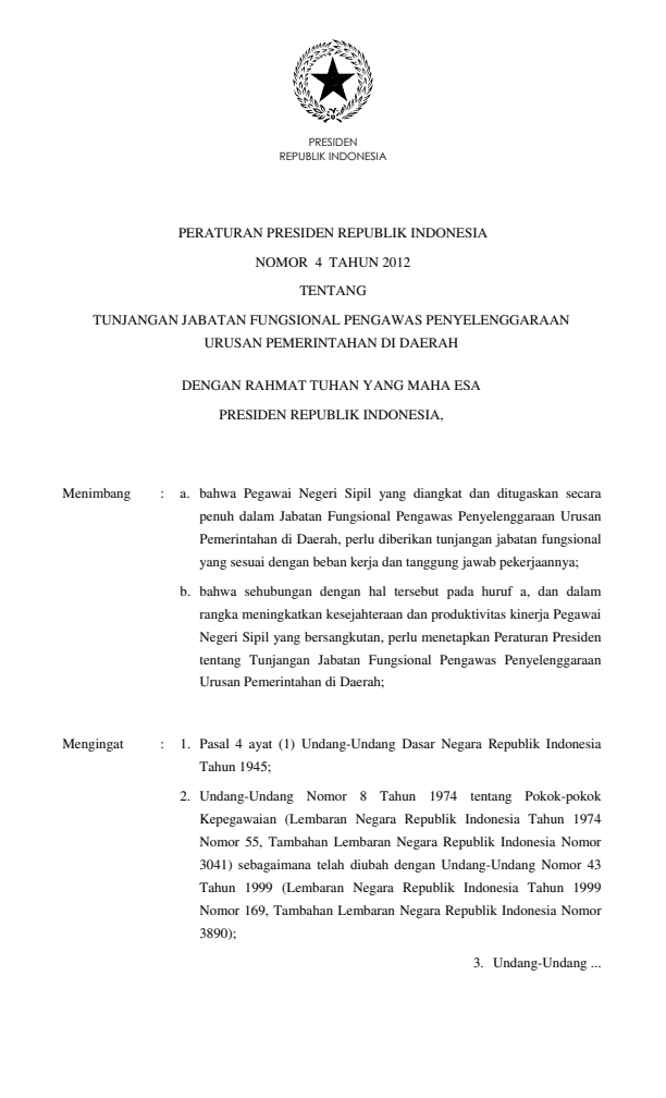 Peraturan Presiden Nomor 4 Tahun 2012