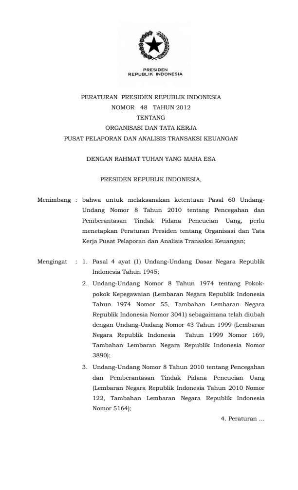 Peraturan Presiden Nomor 48 Tahun 2012