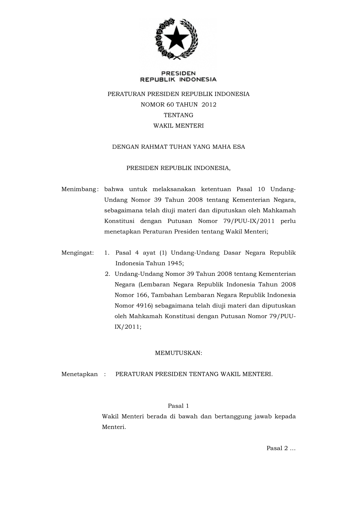 Peraturan Presiden Nomor 60 Tahun 2012