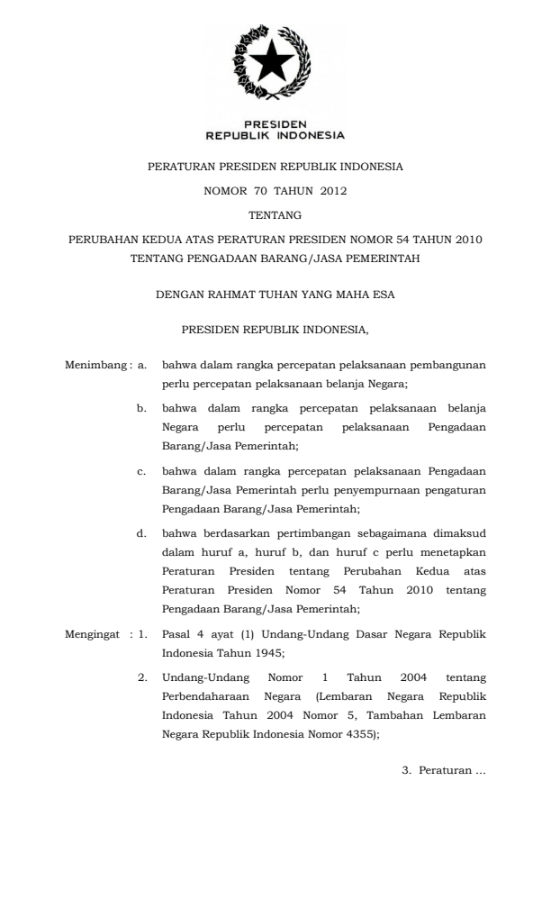 Peraturan Presiden Nomor 70 Tahun 2012