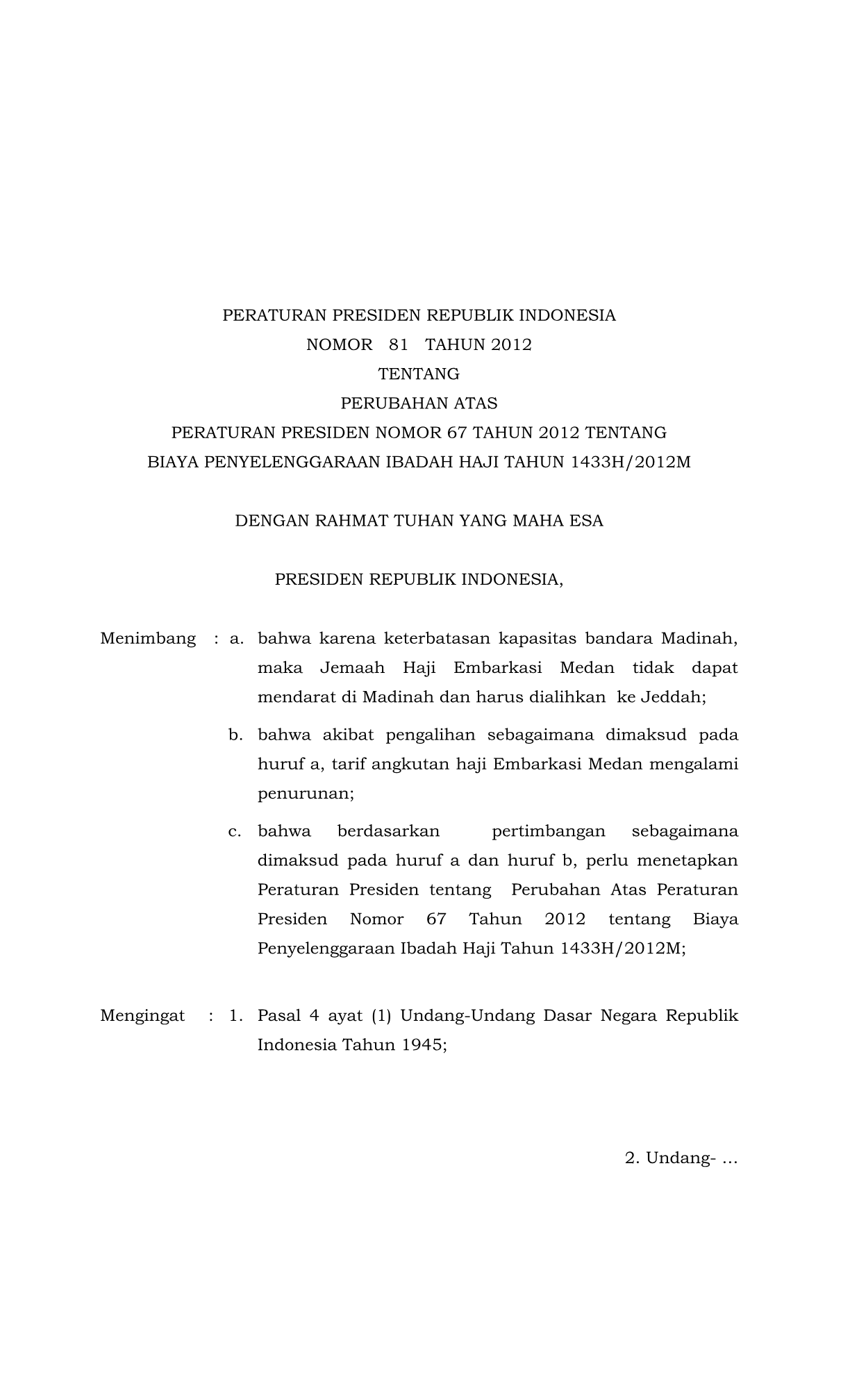 Peraturan Presiden Nomor 81 Tahun 2012