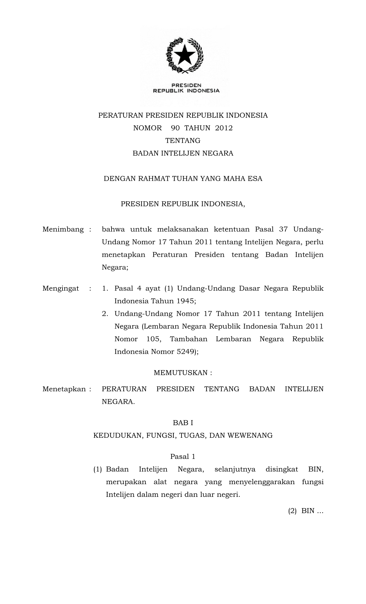 Peraturan Presiden Nomor 90 Tahun 2012