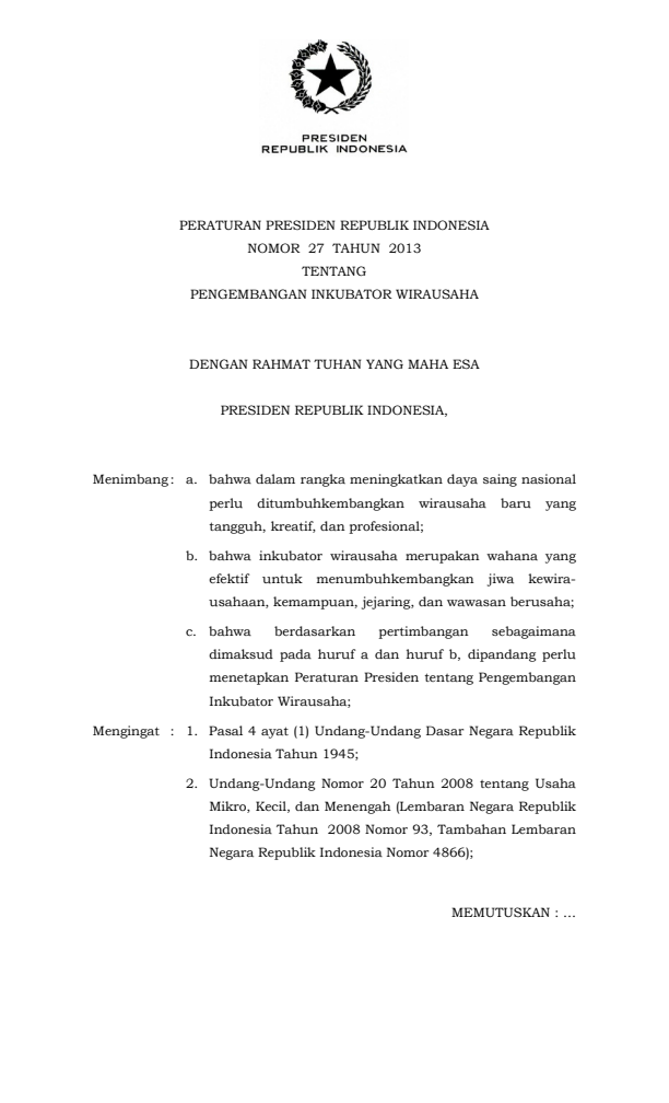 Peraturan Presiden Nomor 27 Tahun 2013