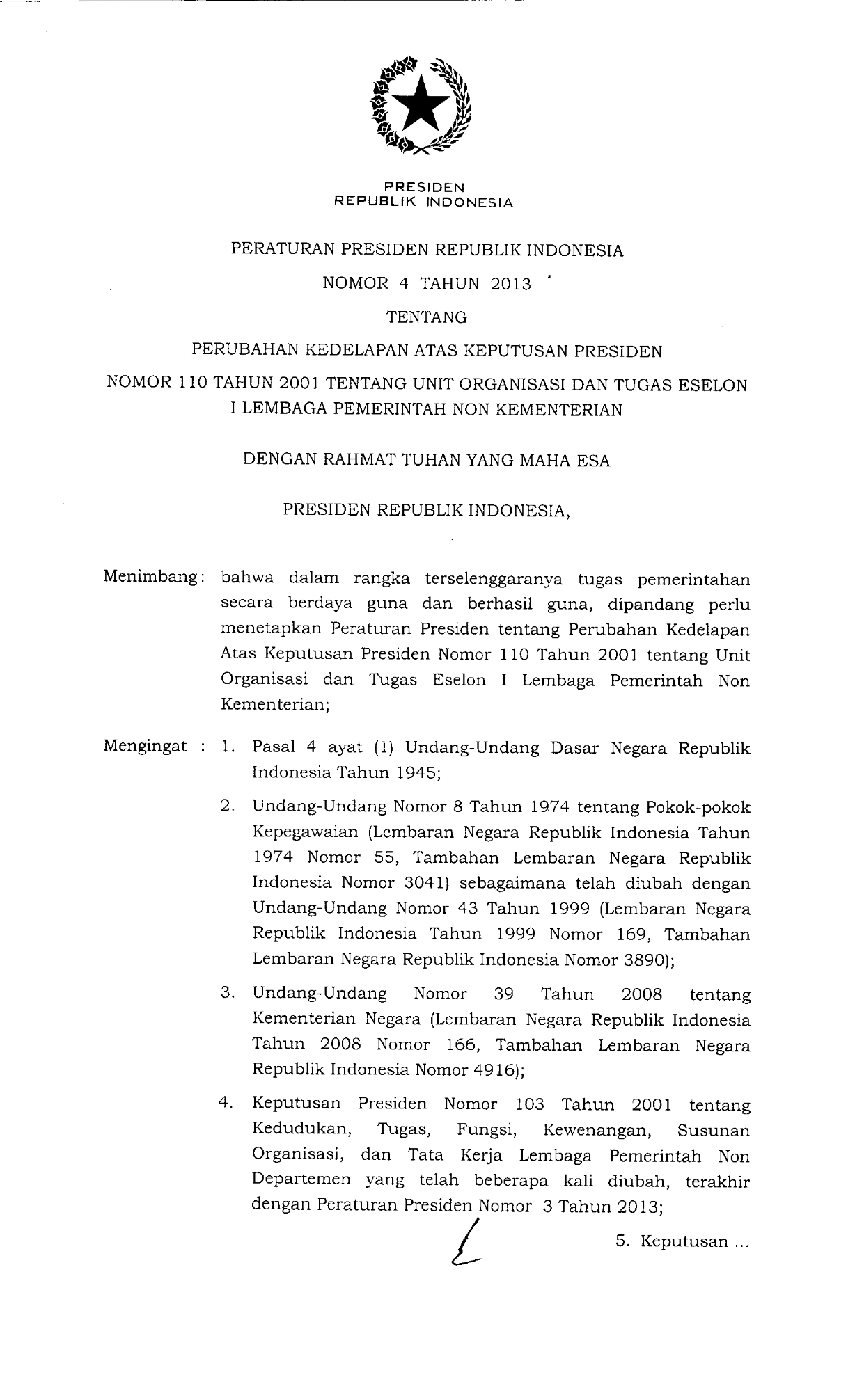 Peraturan Presiden Nomor 4 Tahun 2013