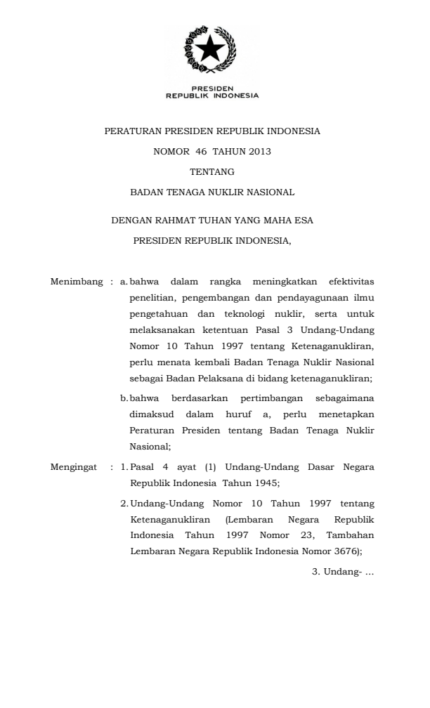Peraturan Presiden Nomor 46 Tahun 2013