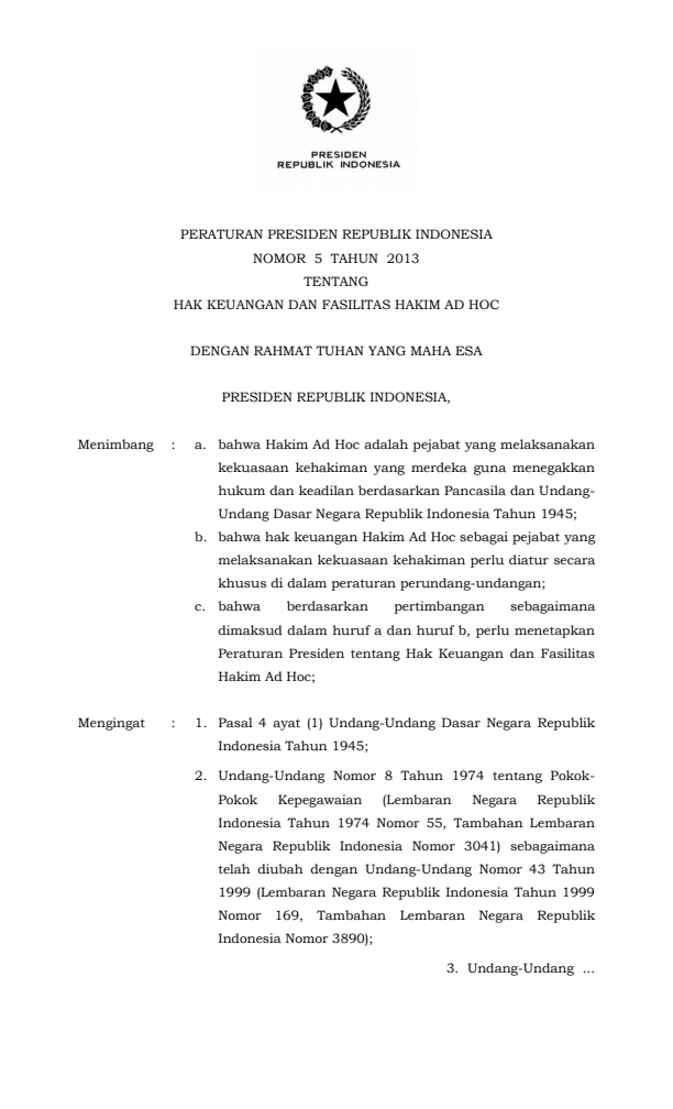 Peraturan Presiden Nomor 5 Tahun 2013