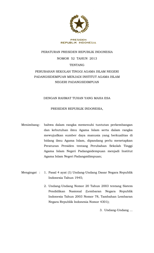 Peraturan Presiden Nomor 52 Tahun 2013
