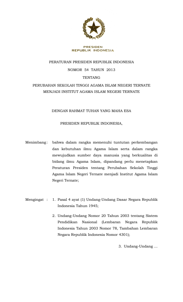 Peraturan Presiden Nomor 54 Tahun 2013