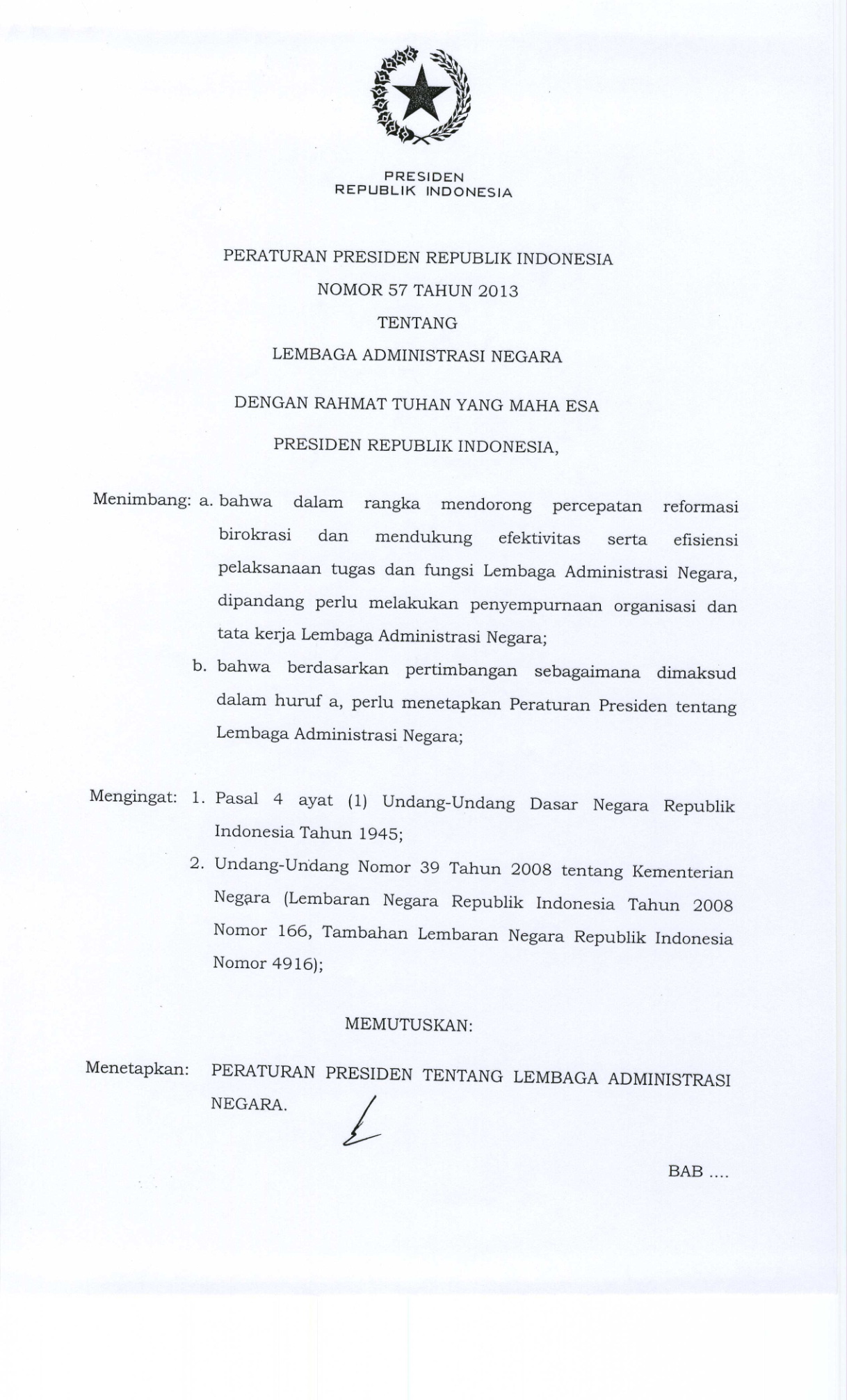 Peraturan Presiden Nomor 57 Tahun 2013