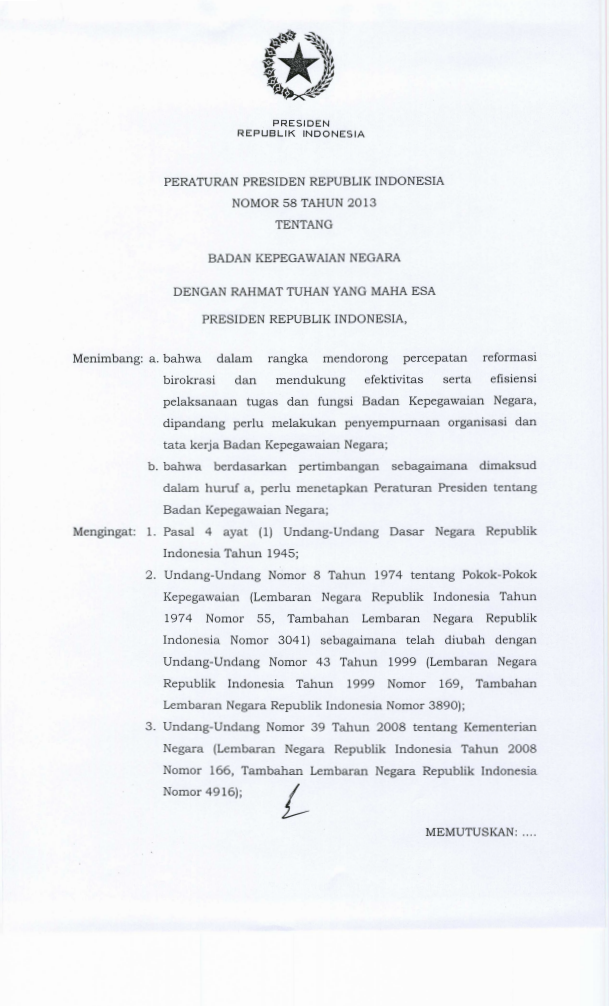 Peraturan Presiden Nomor 58 Tahun 2013
