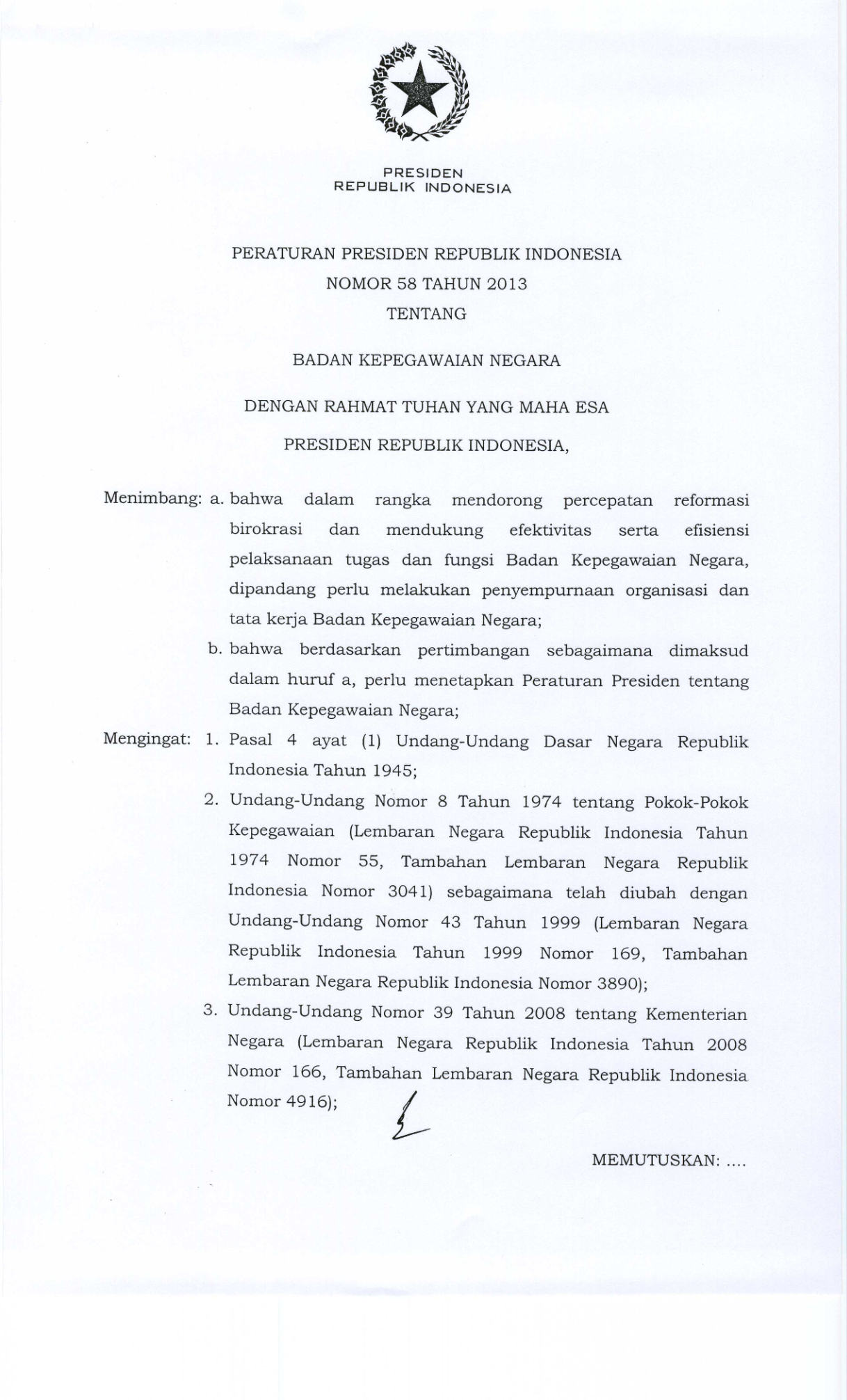 Peraturan Presiden Nomor 58 Tahun 2013