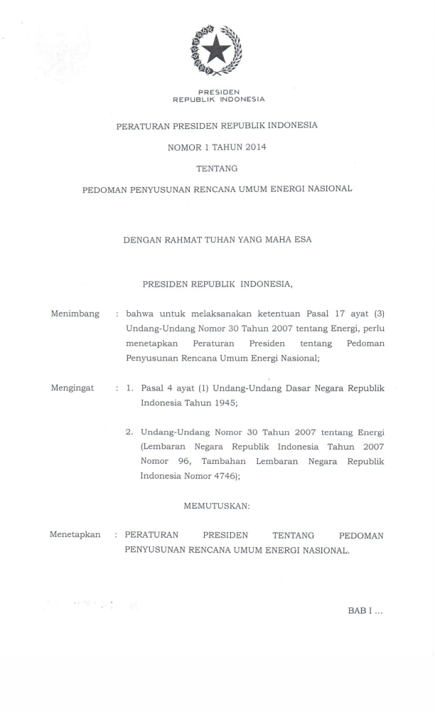 Peraturan Presiden Nomor 1 Tahun 2014