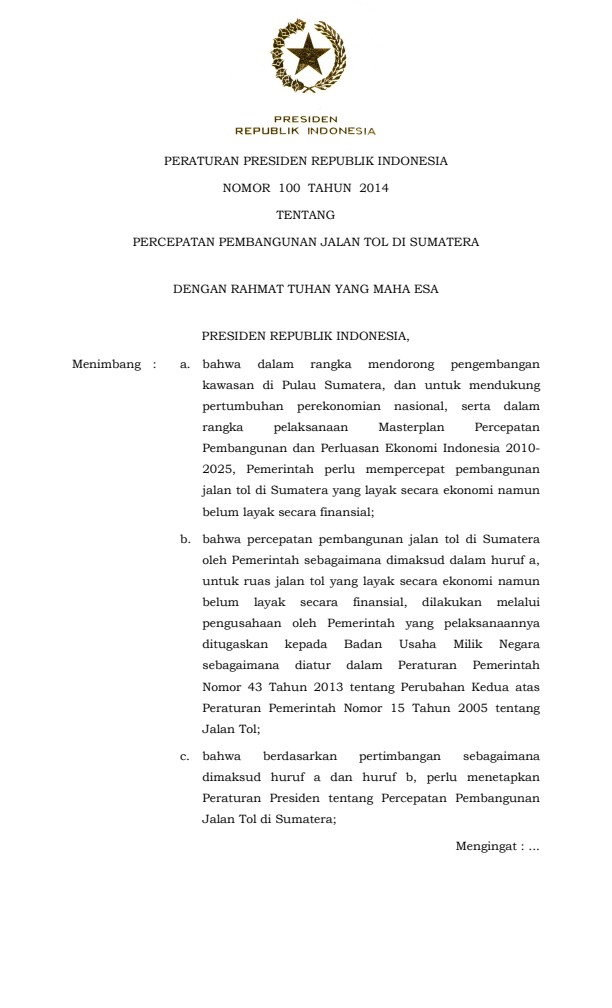 Peraturan Presiden Nomor 100 Tahun 2014