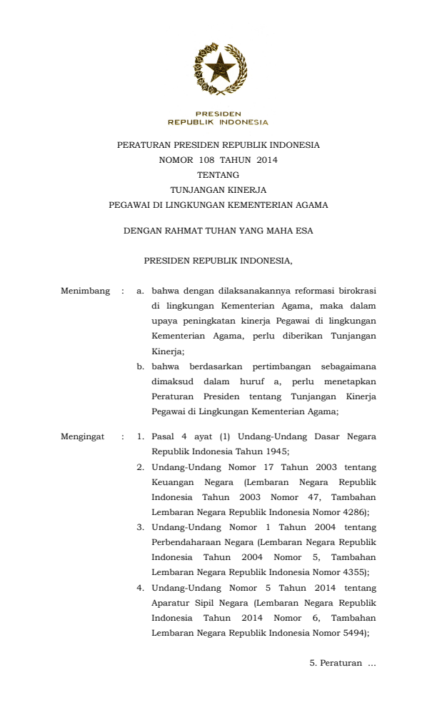 Peraturan Presiden Nomor 108 Tahun 2014