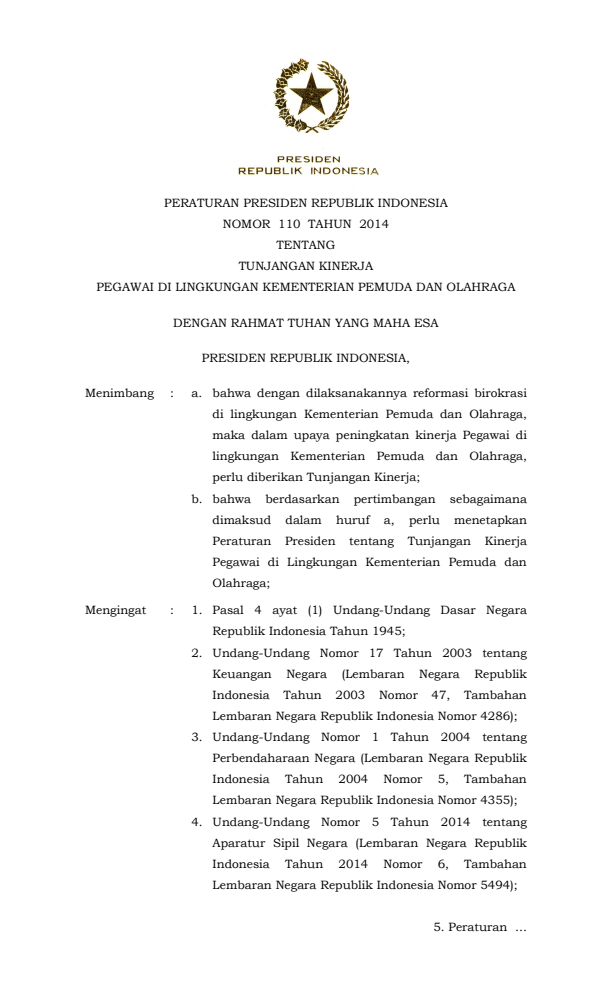 Peraturan Presiden Nomor 110 Tahun 2014