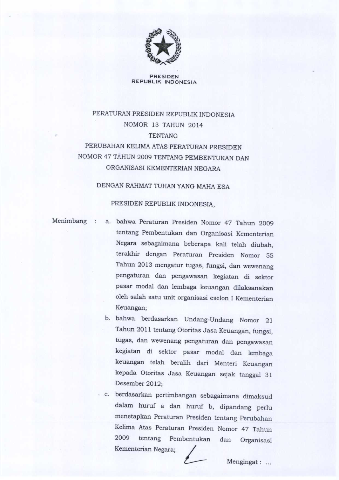Peraturan Presiden Nomor 13 Tahun 2014