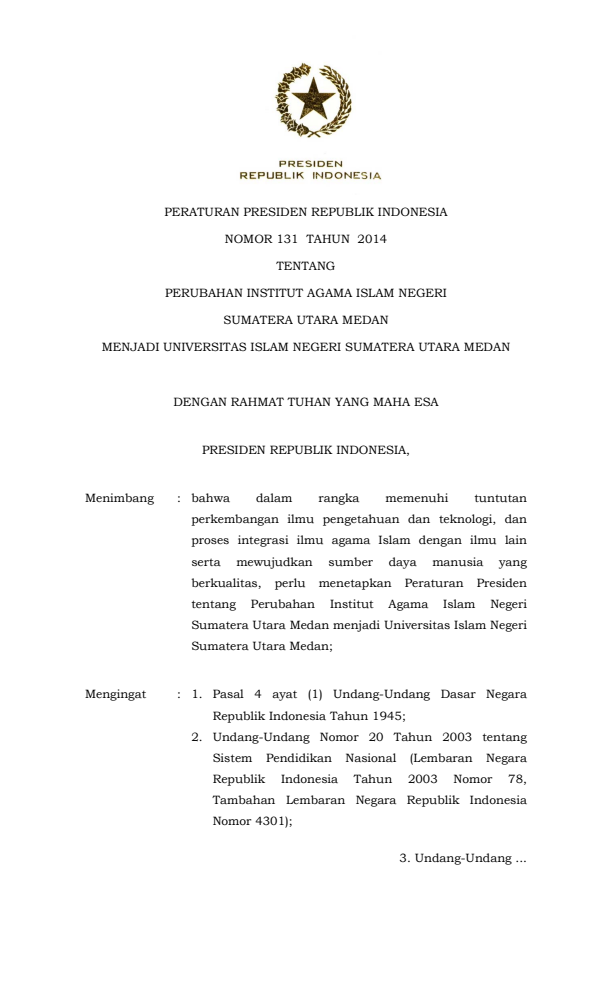 Peraturan Presiden Nomor 131 Tahun 2014