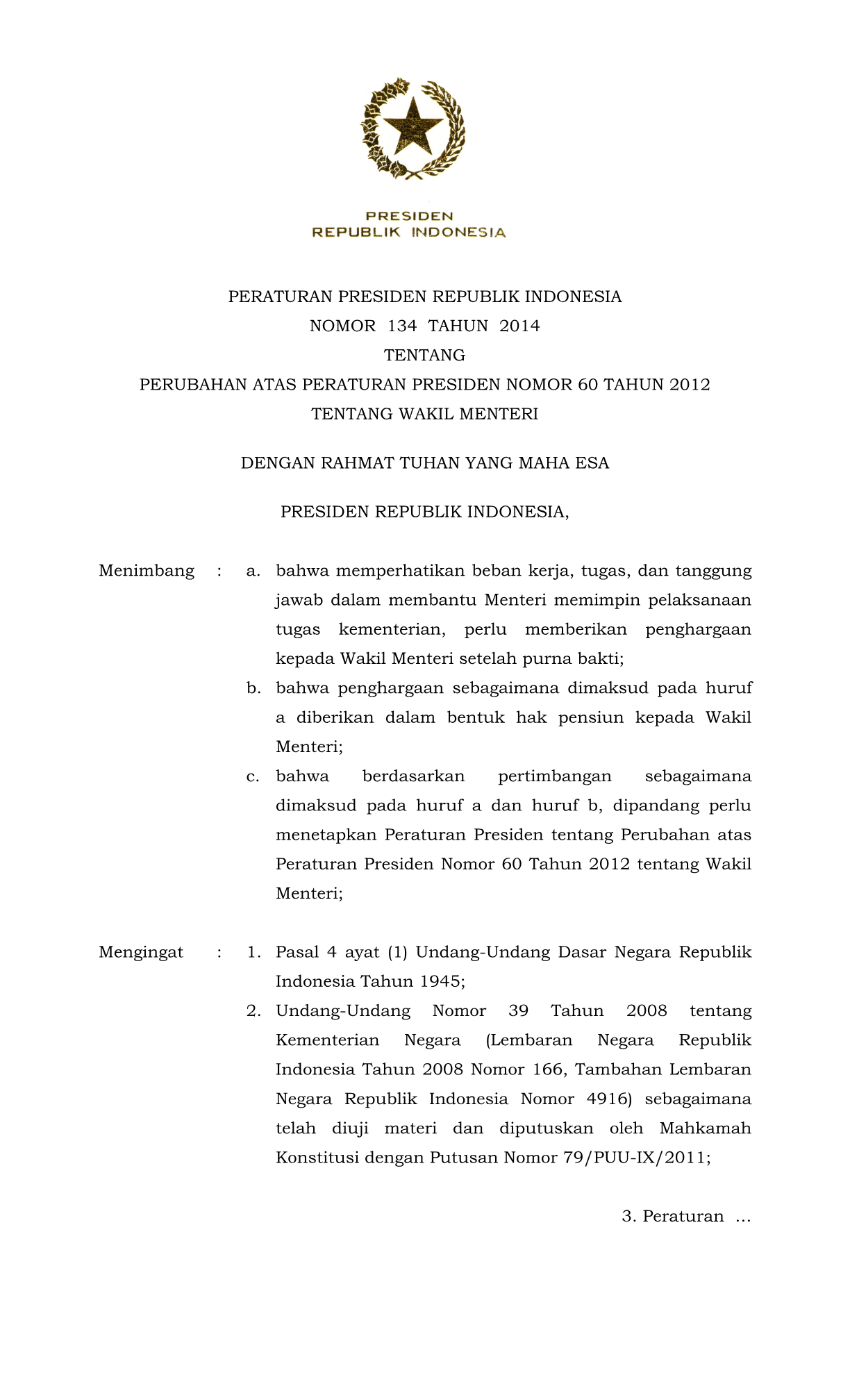Peraturan Presiden Nomor 134 Tahun 2014
