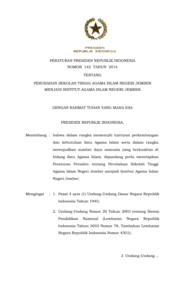Peraturan Presiden Nomor 142 Tahun 2014