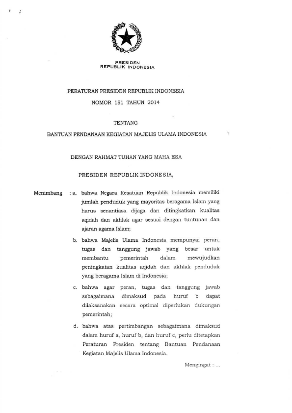 Peraturan Presiden Nomor 151 Tahun 2014