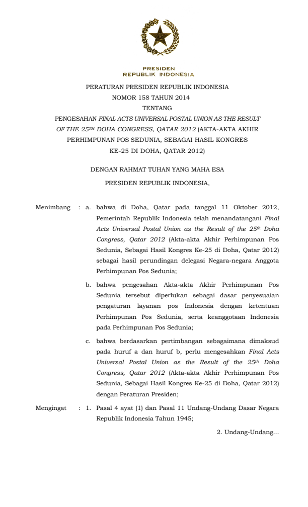 Peraturan Presiden Nomor 158 Tahun 2014