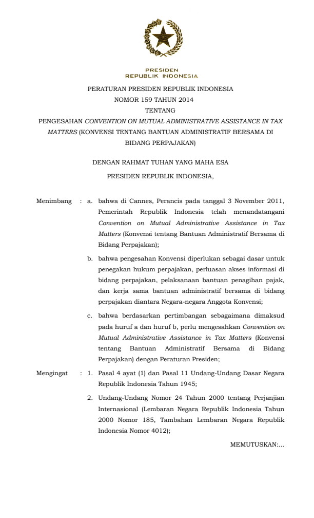 Peraturan Presiden Nomor 159 Tahun 2014