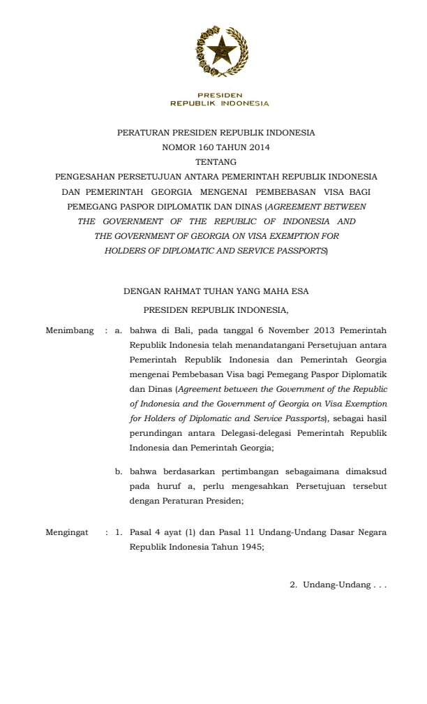 Peraturan Presiden Nomor 160 Tahun 2014