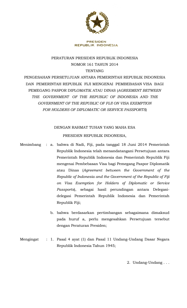 Peraturan Presiden Nomor 161 Tahun 2014