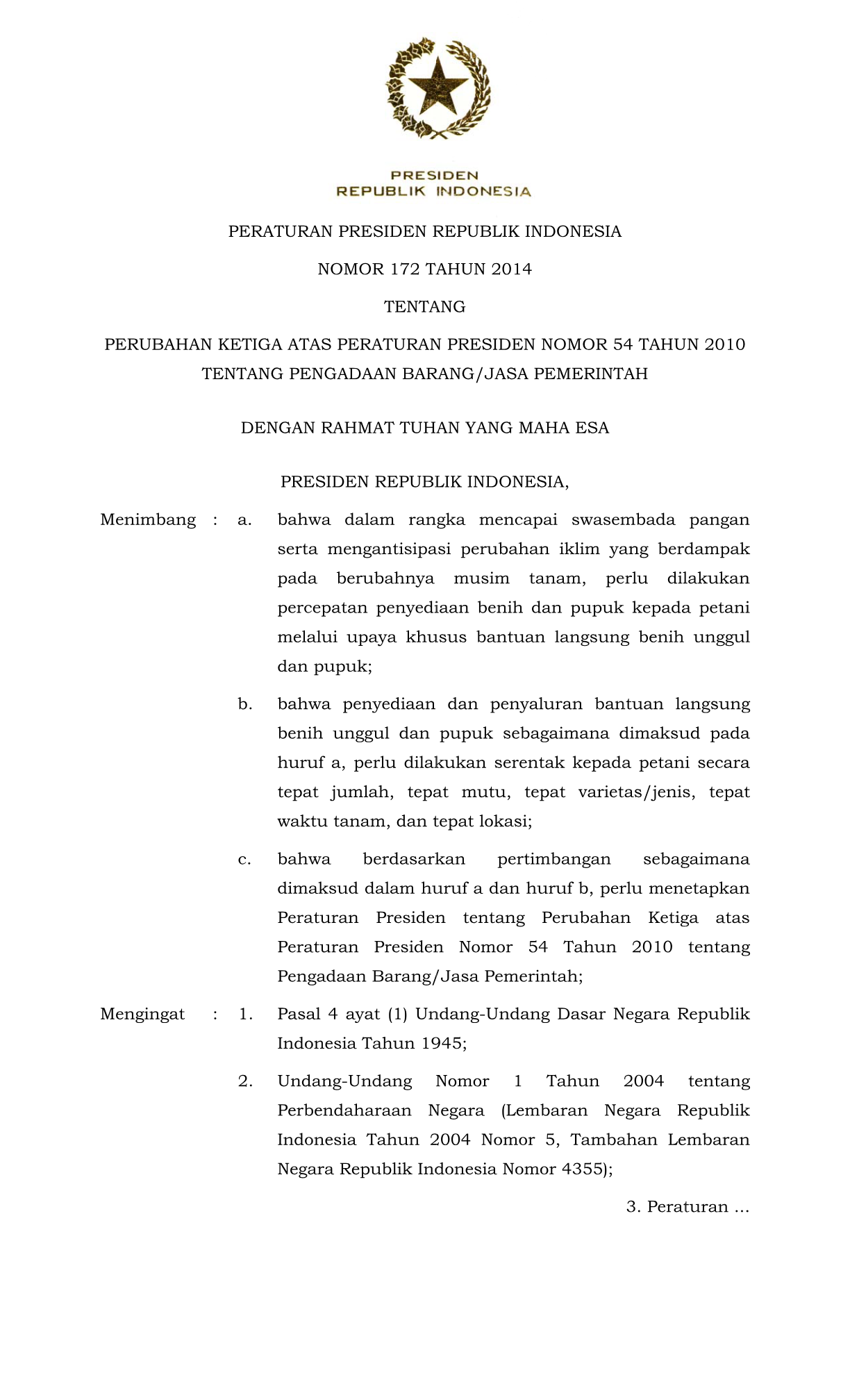 Peraturan Presiden Nomor 172 Tahun 2014