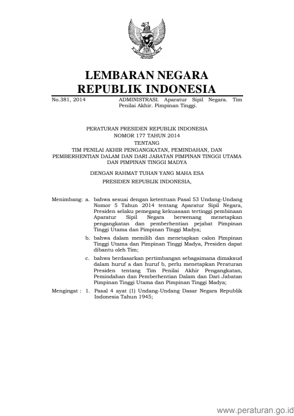 Peraturan Presiden Nomor 177 Tahun 2014