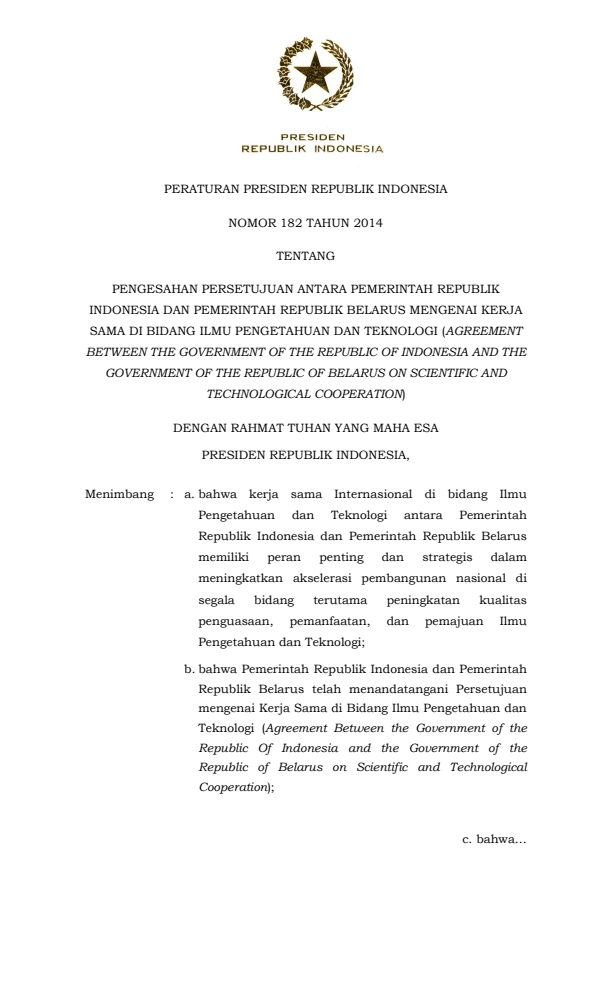 Peraturan Presiden Nomor 182 Tahun 2014