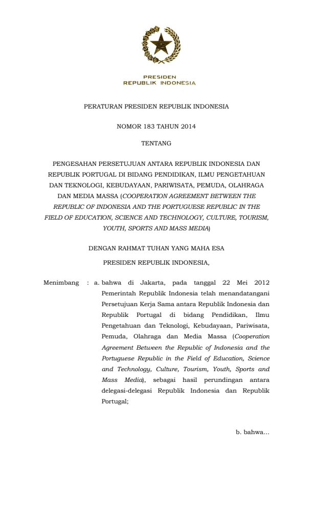 Peraturan Presiden Nomor 183 Tahun 2014