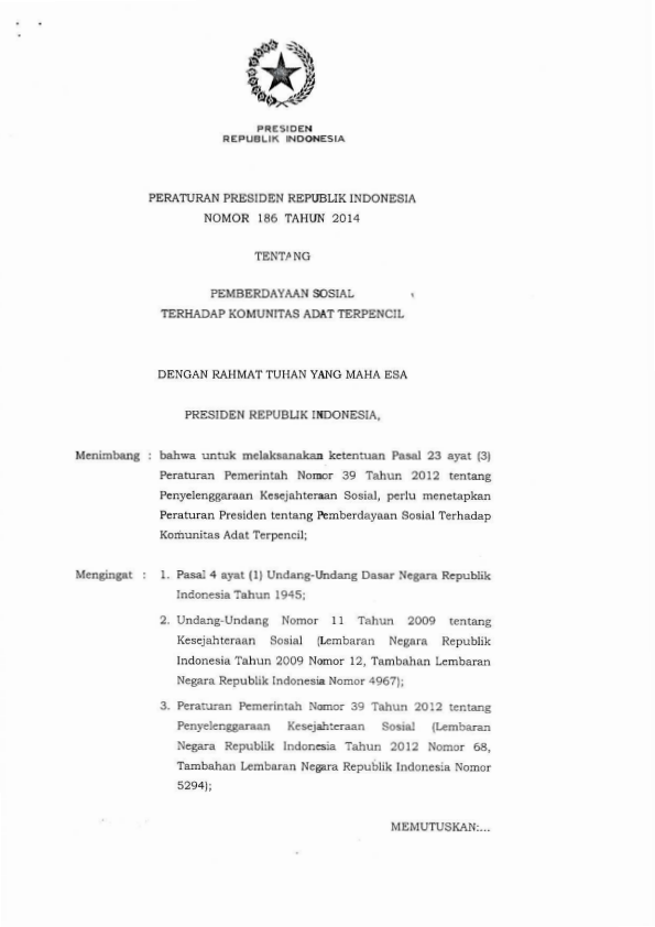 Peraturan Presiden Nomor 186 Tahun 2014