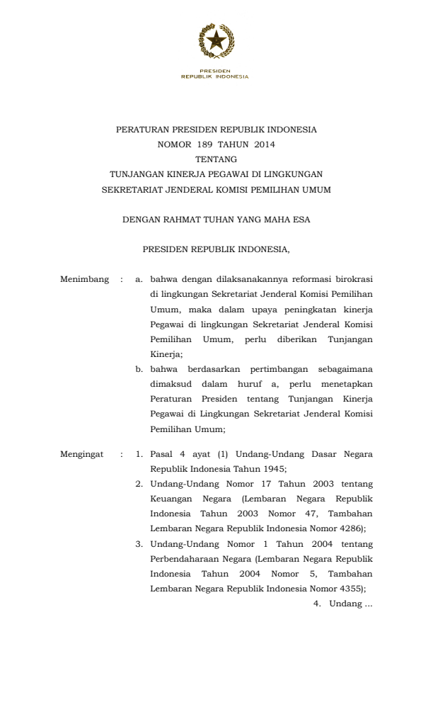 Peraturan Presiden Nomor 189 Tahun 2014