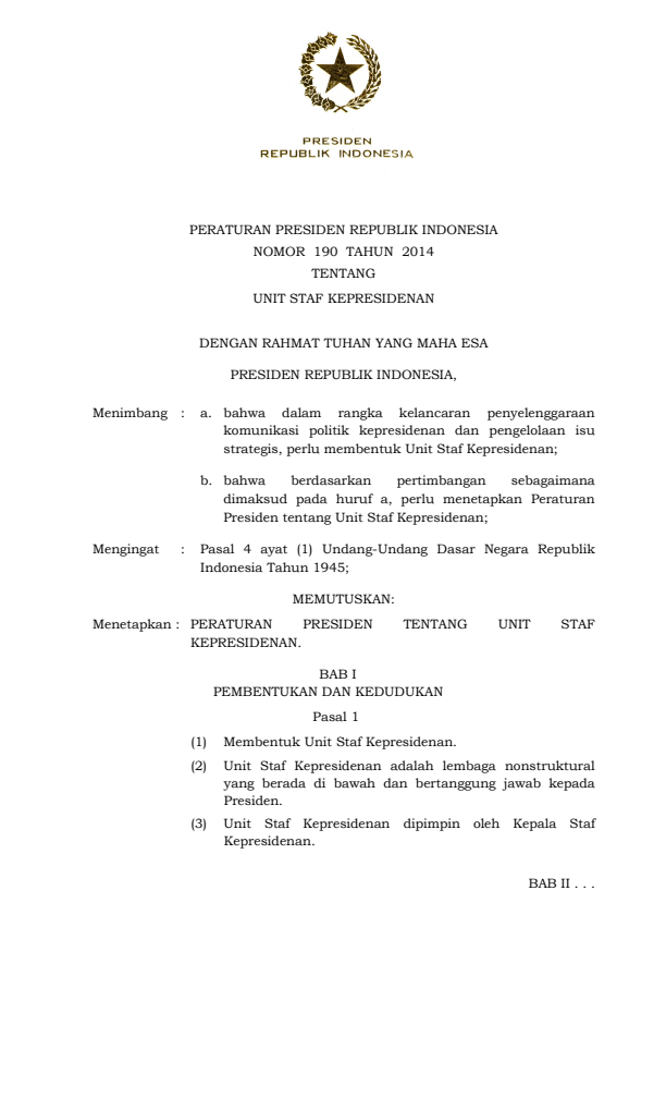 Peraturan Presiden Nomor 190 Tahun 2014