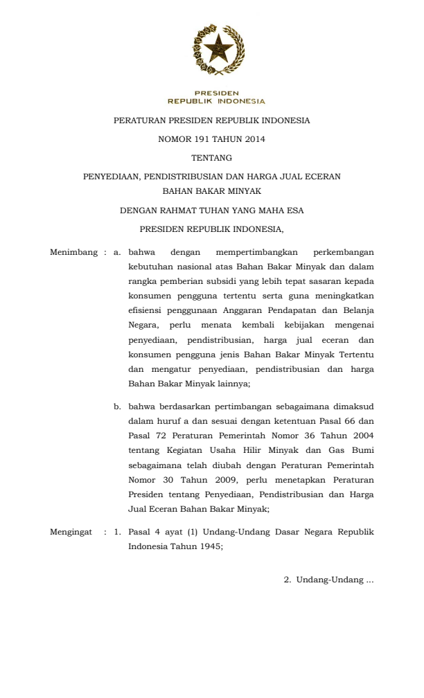 Peraturan Presiden Nomor 191 Tahun 2014
