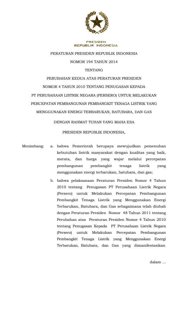 Peraturan Presiden Nomor 194 Tahun 2014