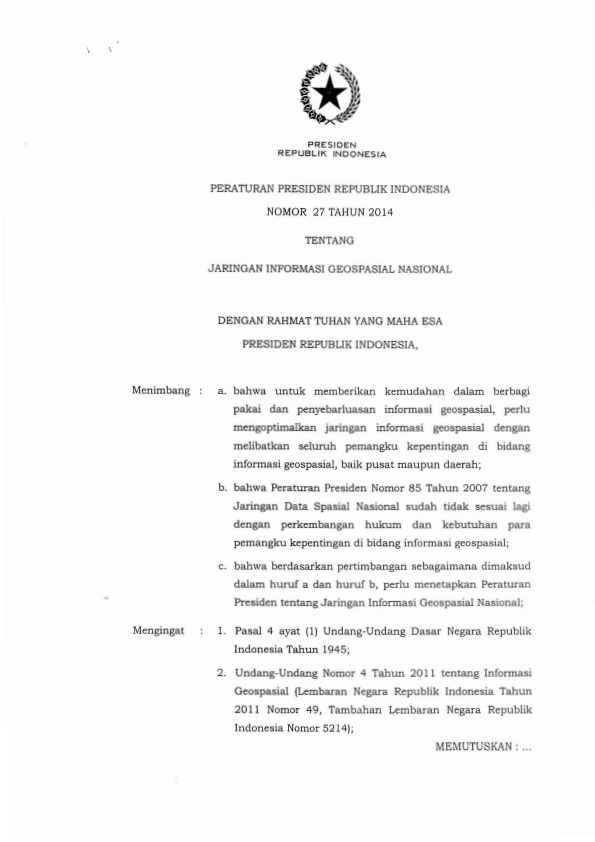 Peraturan Presiden Nomor 27 Tahun 2014