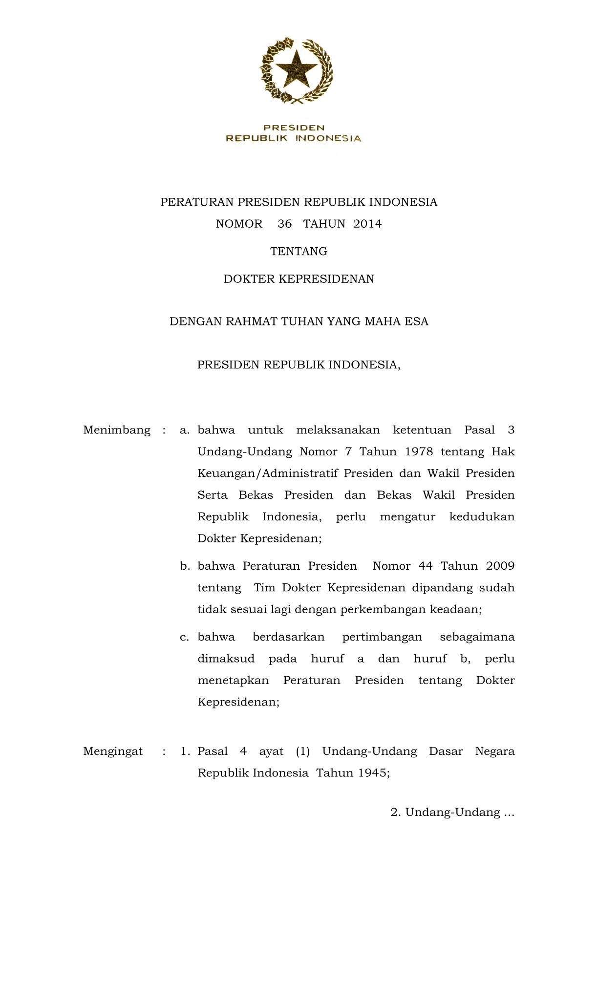 Peraturan Presiden Nomor 36 Tahun 2014