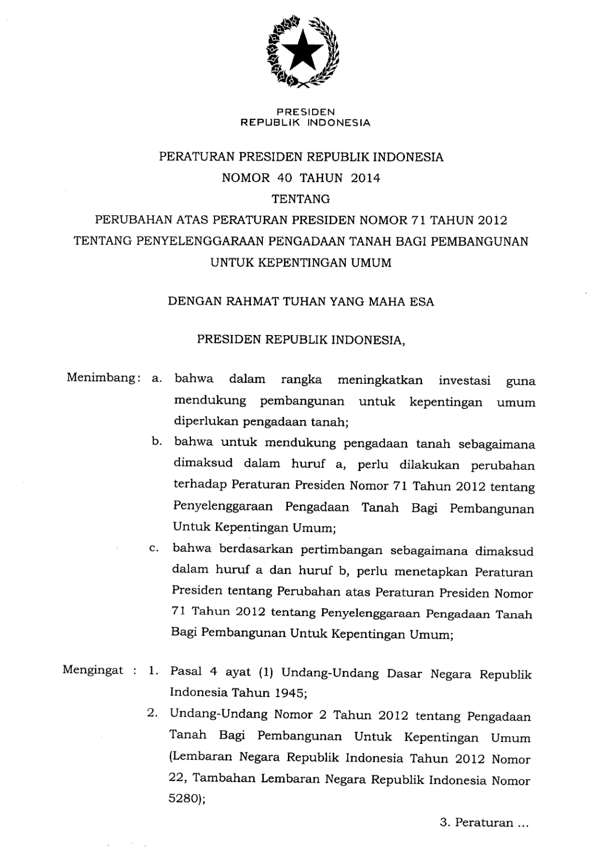 Peraturan Presiden Nomor 40 Tahun 2014