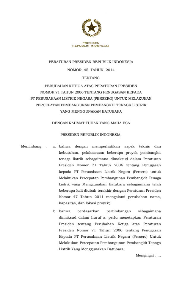 Peraturan Presiden Nomor 45 Tahun 2014