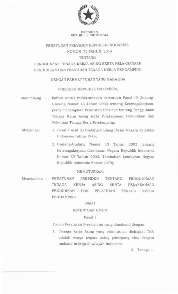 Peraturan Presiden Nomor 72 Tahun 2014