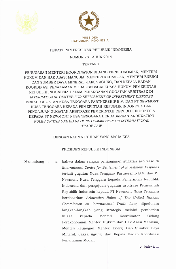 Peraturan Presiden Nomor 78 Tahun 2014